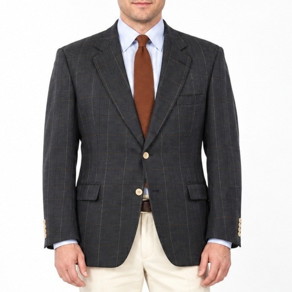 70s Vintage Cricketeer Plaid Silk Blazer Mens 46R Blue Windowpane Sport Coat